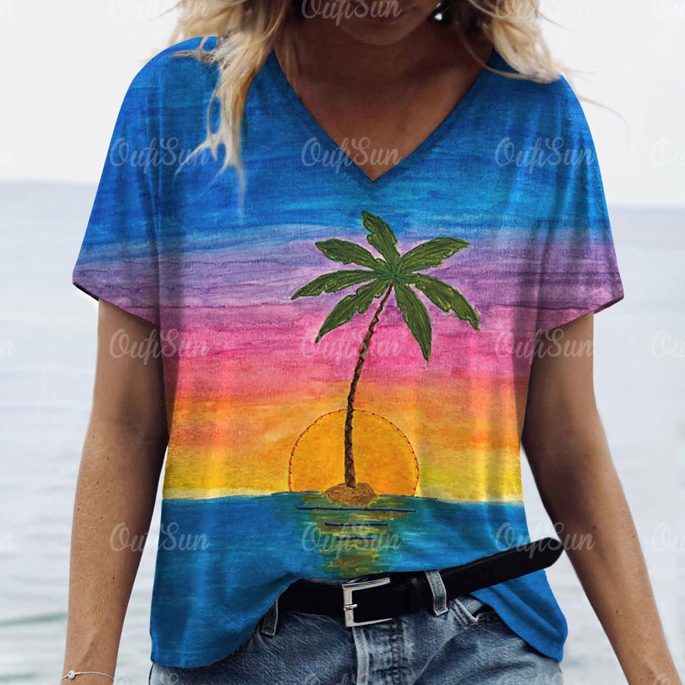 New Women T-shirt Cocoanut Tree Print Oversized Women's Trending Clothing Fashion Short Sleeve Shirt Women V-Neck Blouse 2024