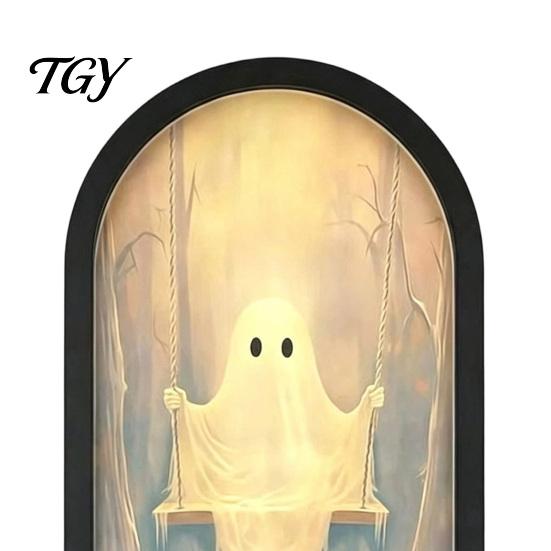 Ghostly Candlelight Display Light Up Ghost Mirror, Arched Wooden Frame Ghost/Grim Reaper Halloween Indoor Holiday Ornaments Soft Ambient Lighted