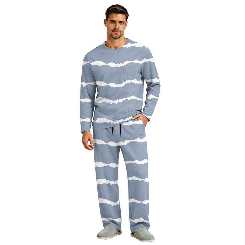 Men's Pajama Set Long Sleeve Top and Long Pants with Button Crotch and Elastic Drawstring Waist for Home Loungewear