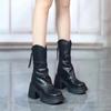 2025 Autumn Winter Women Shoes Leather Short Boots for Women Round Toe Chunky Heel Boots Zipper Ankle Boots Female Platform Heel