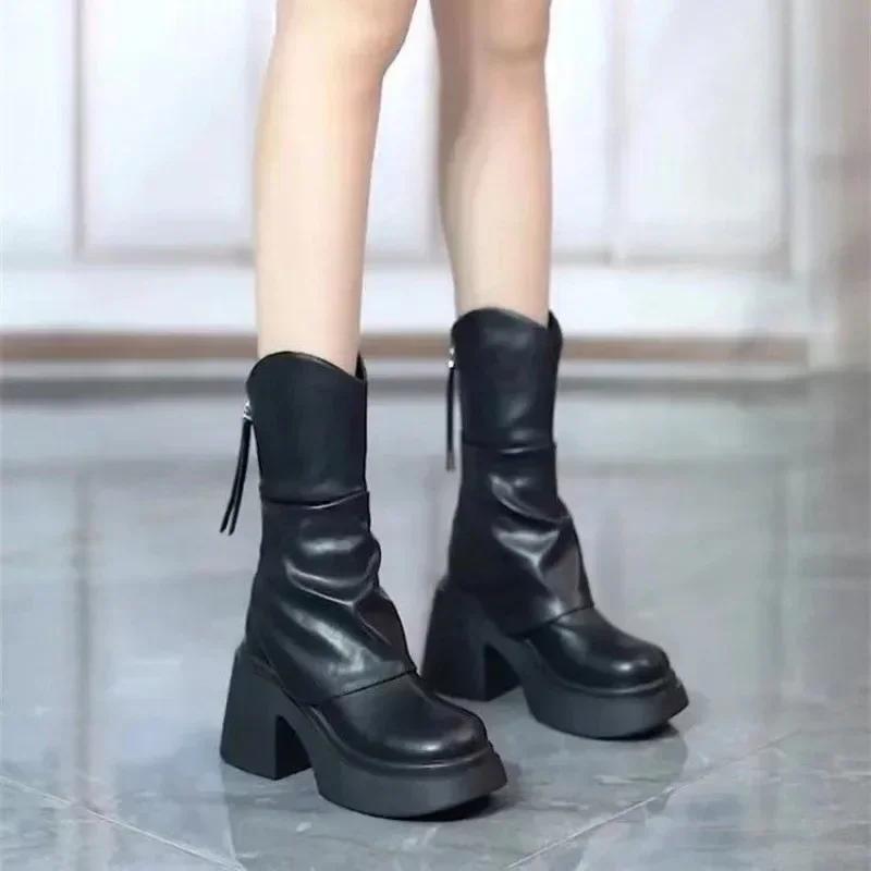 2025 Autumn Winter Women Shoes Leather Short Boots for Women Round Toe Chunky Heel Boots Zipper Ankle Boots Female Platform Heel