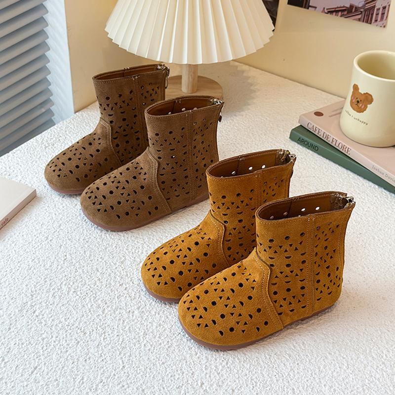 Kids Summer Autumn Boots Retro Soild Color Boys Girls Short Boots Hollowed-out 2025 Brand New Children Leather Boots Back Zipper