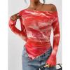 Autumn Women Off Shoulder Tie Dye Mesh Long Sleeve Asymmetric Ruched Flower Pattern Female Tops
