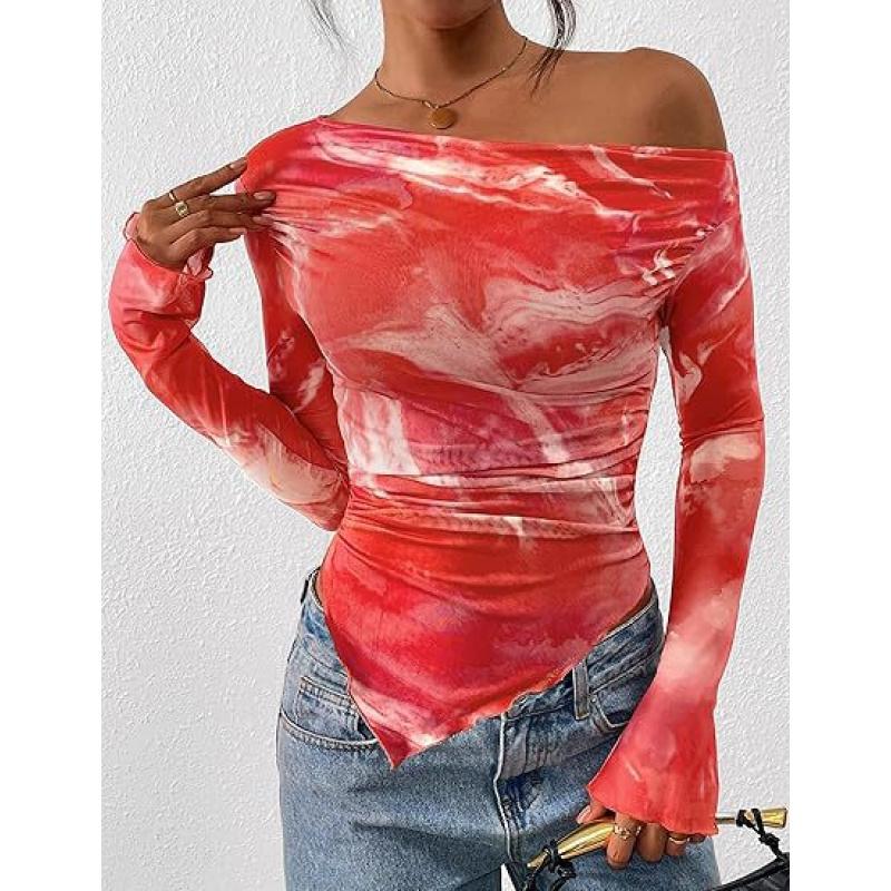 Autumn Women Off Shoulder Tie Dye Mesh Long Sleeve Asymmetric Ruched Flower Pattern Female Tops