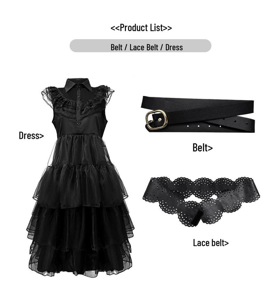 Adult Women's Wednesday Addams Cosplay Prom Dress - Black Halloween Costume