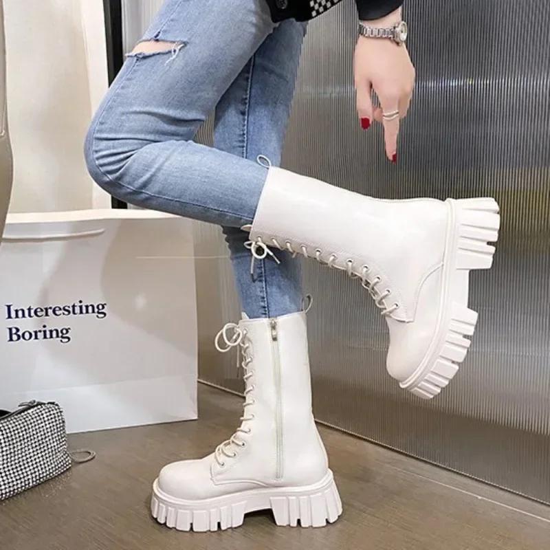 Moda 2024Botas Femininas Moda Bota de Cano Médio Couro PU Botas Casuais Antiderrapantes de Plataforma para Mulheres Bota de Tornozelo de Amarrar Botas Mujer