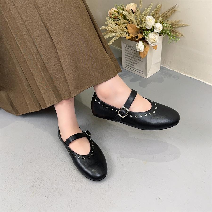 Johnature Retro Mary Janes Shoes Comfortable Round Toe Rivet Shallow Buckle Strap Women's Flat Shoes