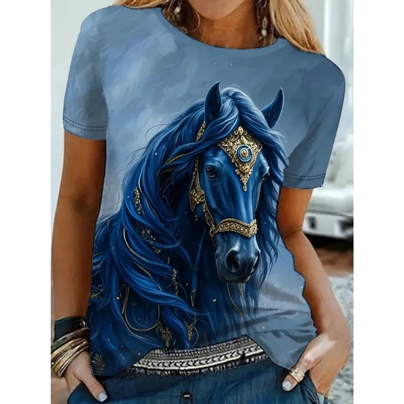 Fierce Horse Short Sleeve Fashion Women's Crew Neck Short Sleeve 3D Fierce Horse Caiying Crew Neck T-shirt Tops Daily Wear