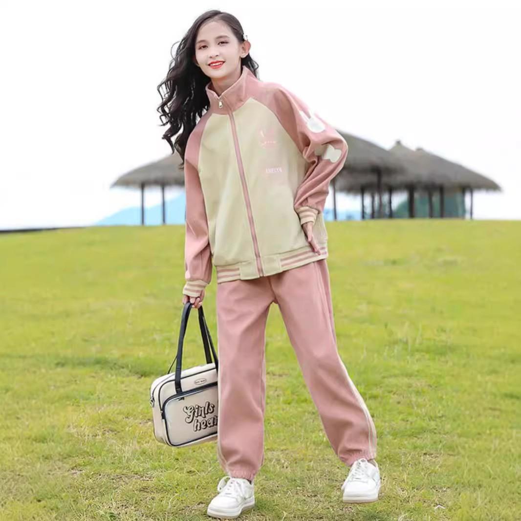 

Весенне-осенние комплекты одежды для девочек-подростков, детская модная толстовка на молнии + брюки, 2 предмета, детские спортивные костюмы, 5 6 8 10 12 14 лет 140 розовый