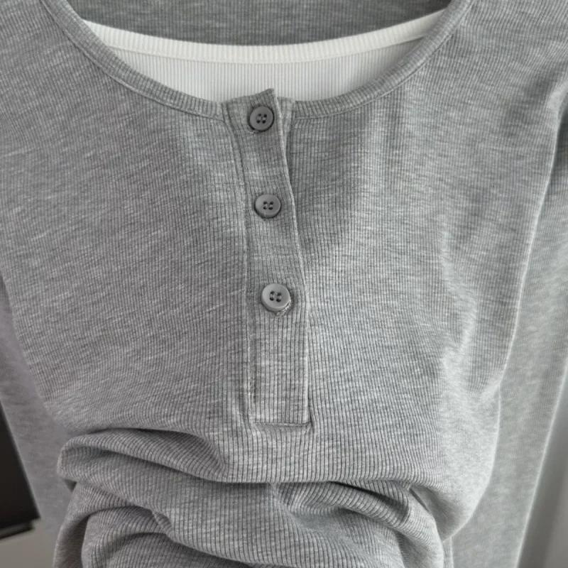 Women's Gray Two-Piece Effect Long-Sleeve T-Shirt – Slim-Fit Spring/Autumn Casual Top