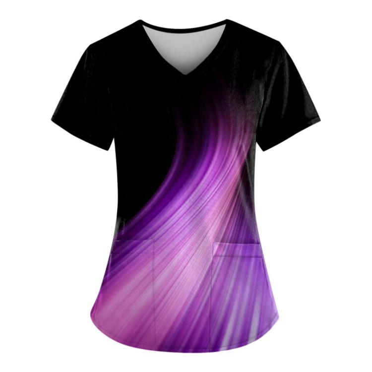 Plus Size Women's V-Neck Short Sleeve Work Scrub Top With Pockets Fun Printed Tee For Working Uniform T-Shirt