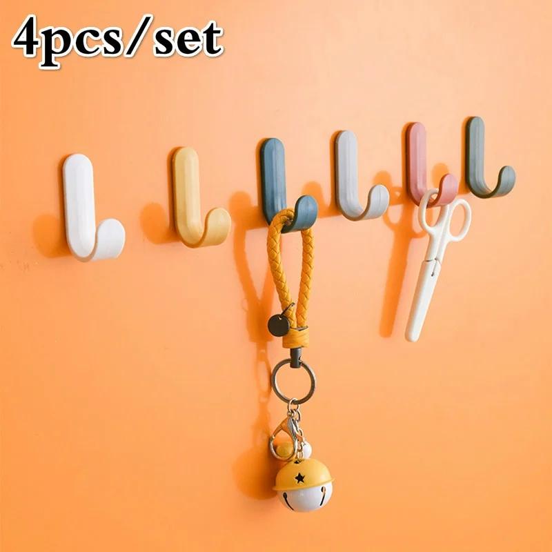 4pcs/set Towel Hook Plastic Door Hook Self-adhesive Wall Mounted Coat Rack Key Hanger Home Decoration