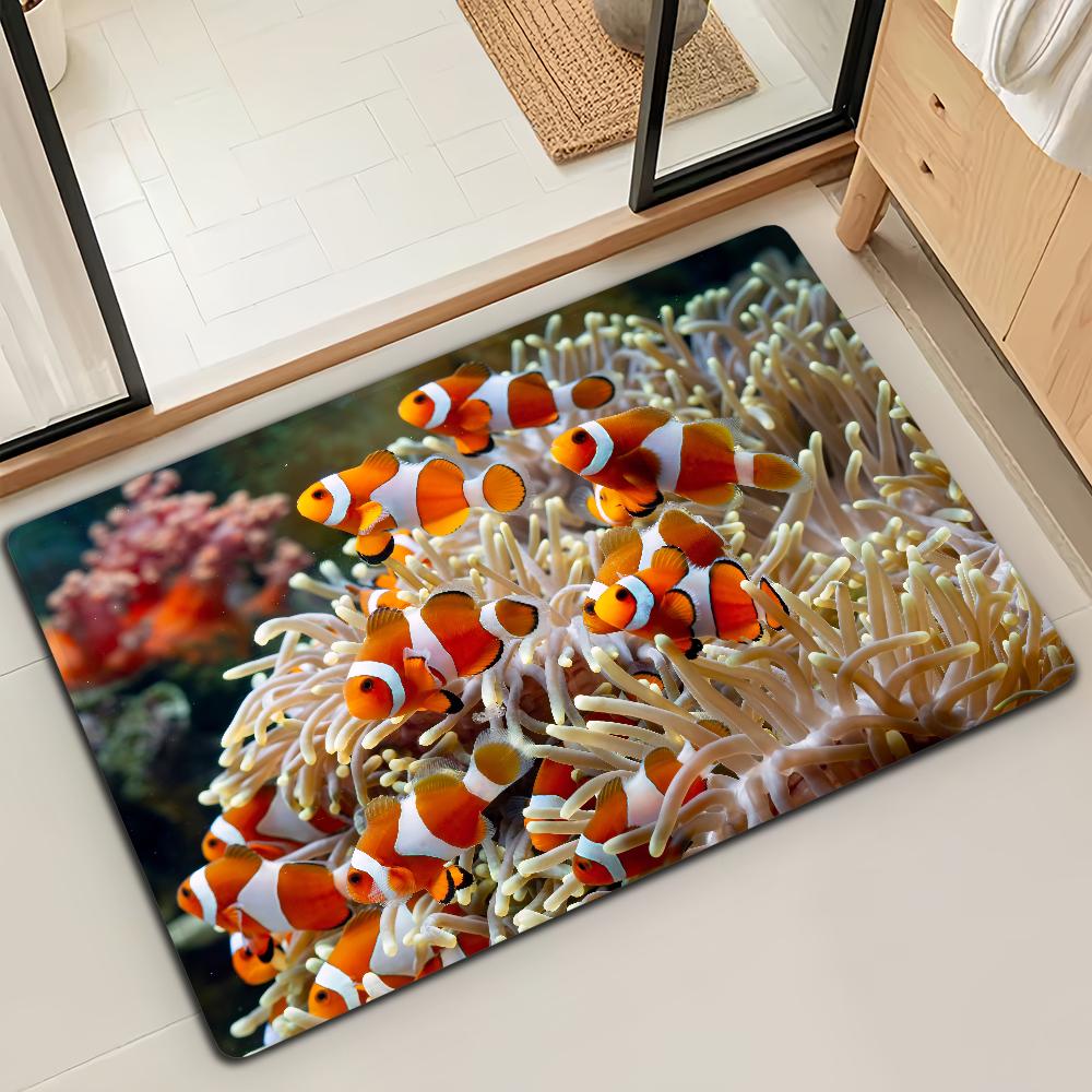 Cute Animal Clownfish Ocean Door Mat Bath Microfiber Decorative Versatile Flannel Floor Mat Quick Dry Absorbent Non-slip Sole