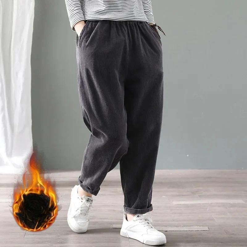 Winter Verdicken Baggy Haremshose Damen Hohe Taille Lässig Warm Samtgefüttert Hose Pantalones Schnee Kleidung Kord Ankle-length Spodnie