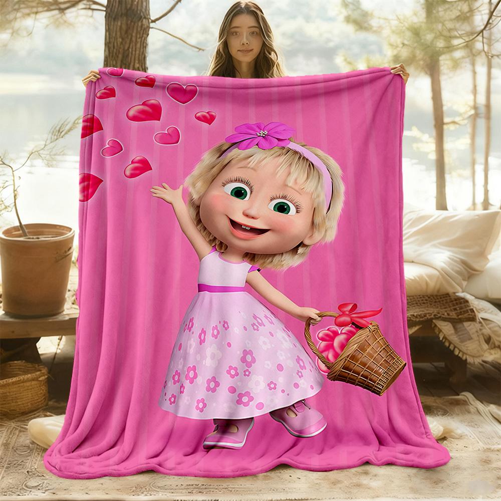 1pc Masha Bear Flower Basket Outdoor Blanket Lightweight Flannel, Soft & Warm, All-Season Use for Sofa, Outdoor, Camping, Living Room, Office064