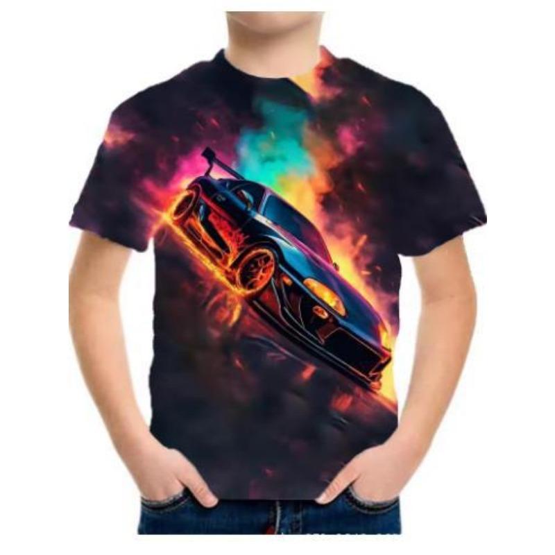 Summer Round Neck 3D Racing Series Printed Top Fashionable Casual Short Sleeved Children's Boy T-shirts