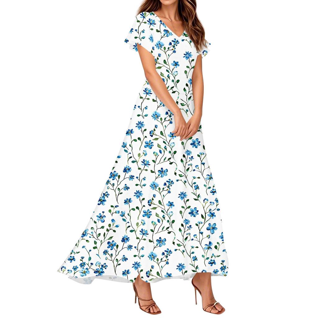 Women's Summer Casual Fashion Print Dresses V-Neck Short Sleeve Dresses