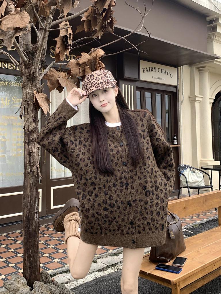 Autumn Winter Leopard Print Women's Sweater Cardigan Loose Thick Knit High-End Top Outerwear for Women