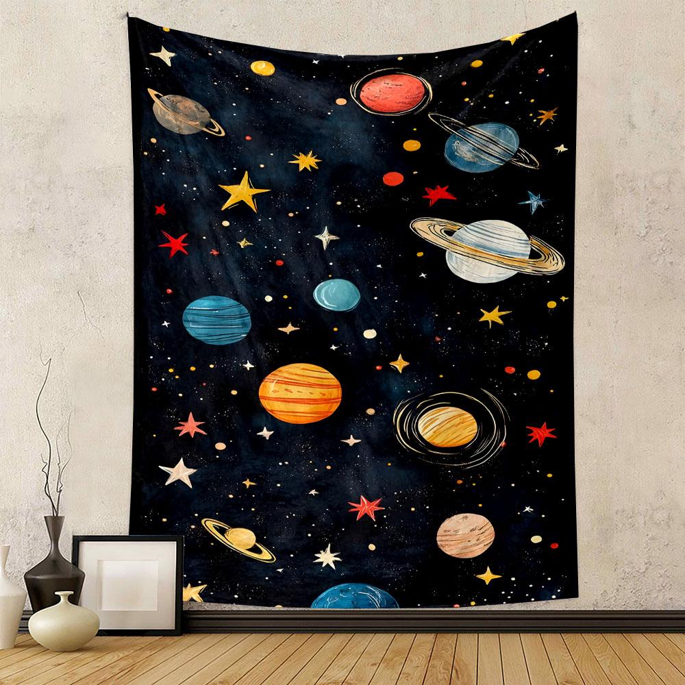 "Colorful Planets and Stars in Space" Patterned Tapestry Decorative Wall Hanging, Home Bedroom Living Room Decor