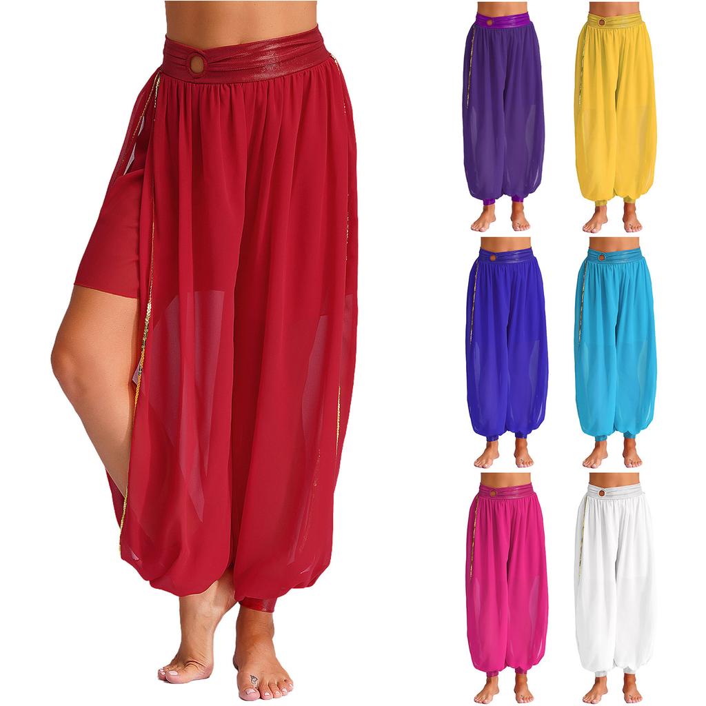 Women's Belly Dance Harem Pants Ruched Waistband Side Split Pants Chiffon Bloomers Dancewear