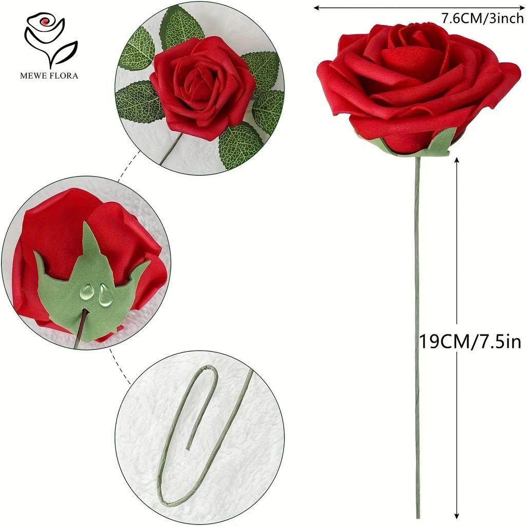 25/30pcs Rose Artificial Flowers Foam Fake Flower Wedding Bridal Decoration Valentines Gift Simulation Roses Home Vase Decor