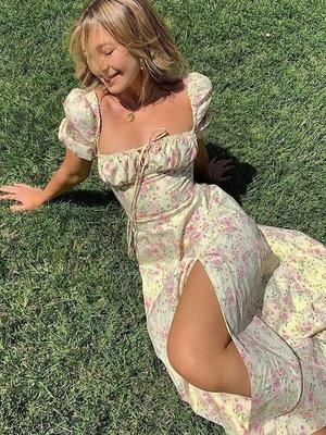 Women's Printed French Floral Open Back Slim Suspender Slit Dress