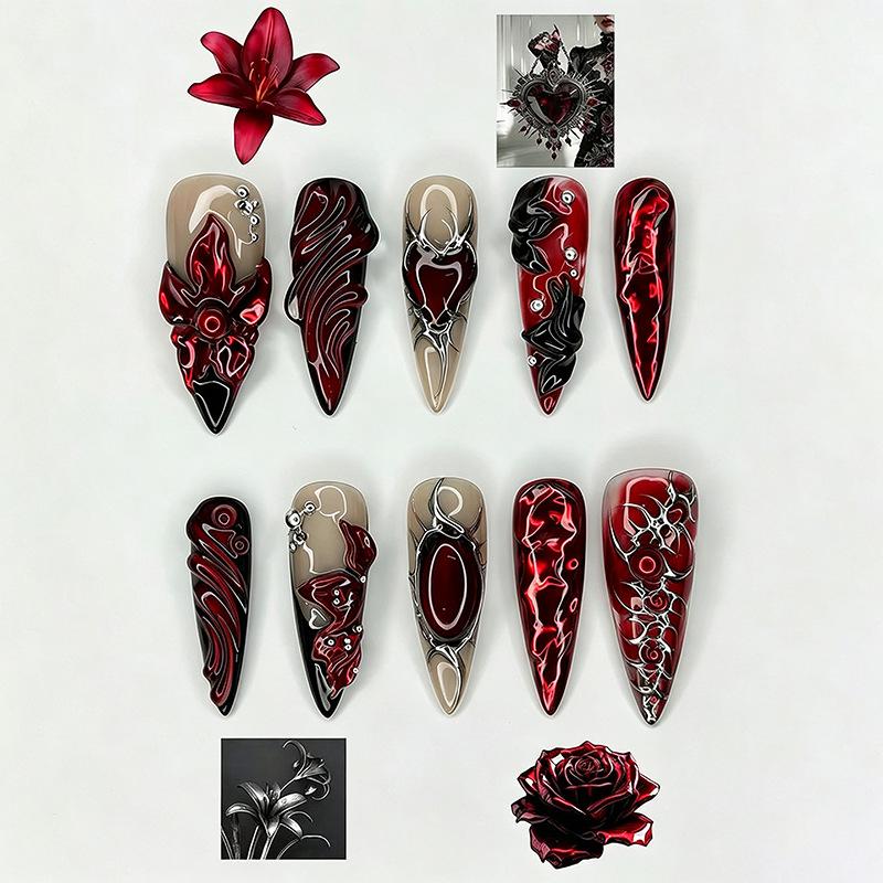 Ge Fengte Wearing Nails Burgundy Three-dimensional Carved Metal Thorns Love Long Pointed Nail Art
