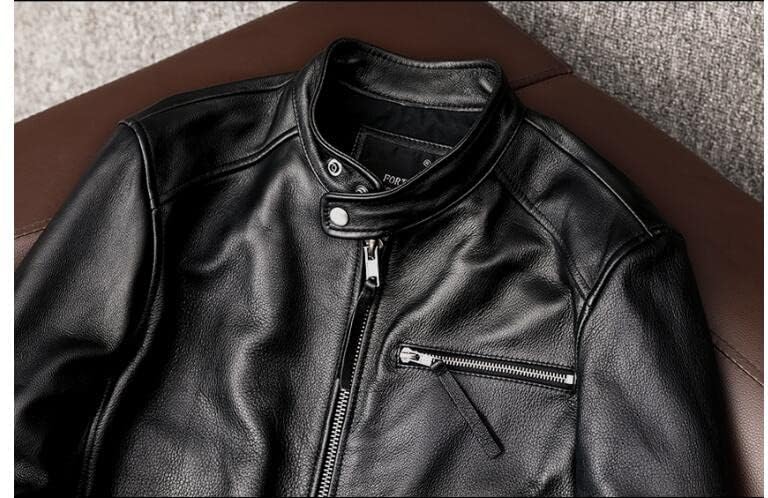 CHEJI Genuine Leather Military Biker and for and Denim Jacket Jacket, Men's Double-Breasted Jacket, Short, Simple, Cold-Weight Windproof, Thick,