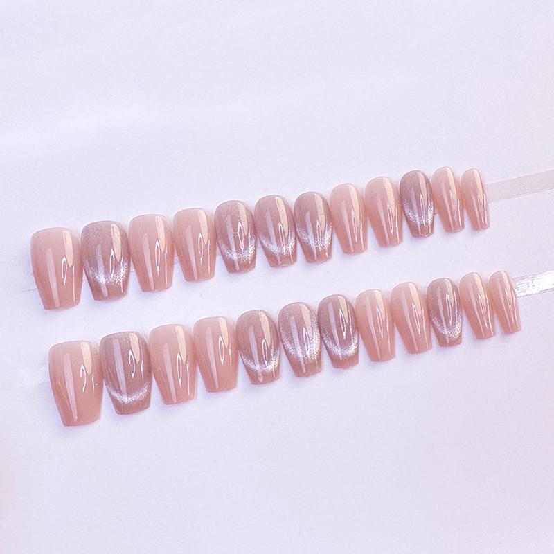 24Pcs Cat'S Eye Gradient Blush Glitter Fake Nails With Glue Faux Fingernails Press On Wearable Removable False Nails