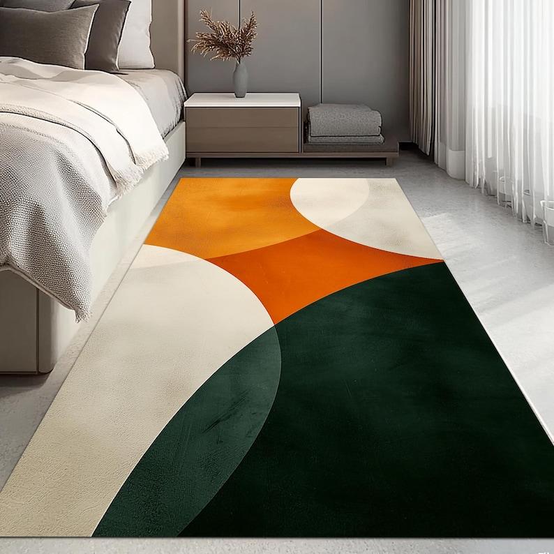Shades Green Orange Modern , Boho Dorm Decor, Modern Art, Contemporary, Living Room Decor, Orange Details Rug
