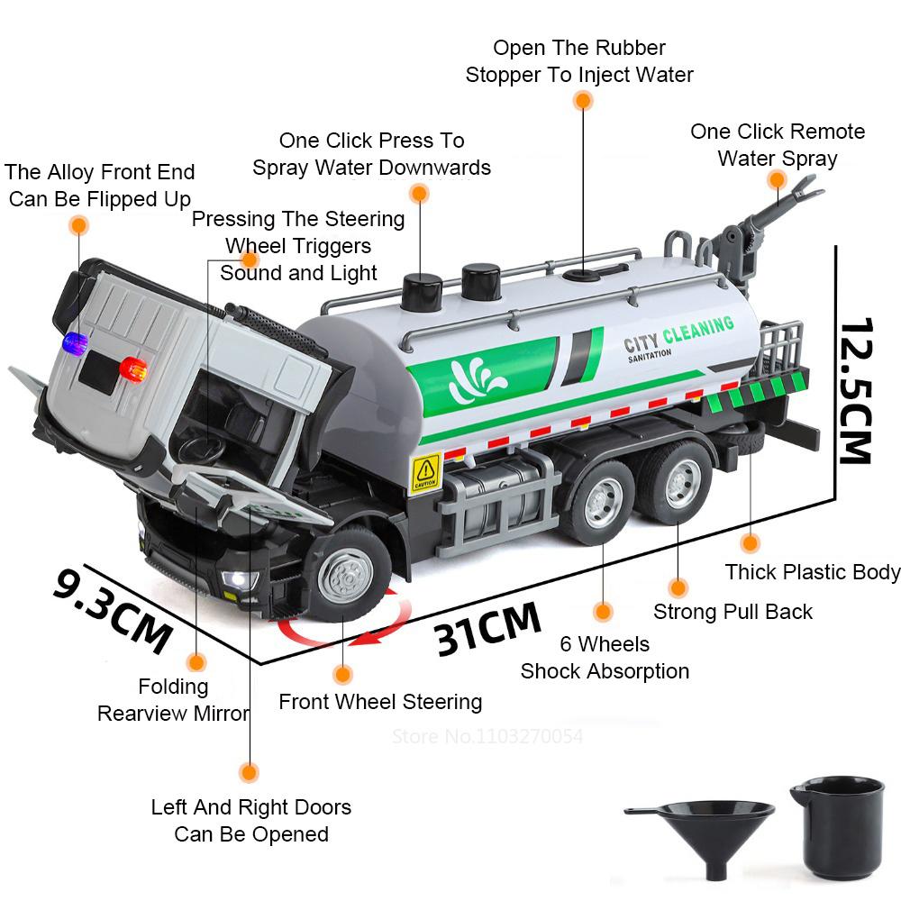 1:32 Alloy Urban Sanitation Truck Sprinkler Car Model Toys Diecast Sound Light Pull Back Doors Opened Vehice for Children's Gift
