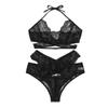 Sexy Women Cross Lace  Wireless Bra Sexy Black Lingerie Thong Set Underwear