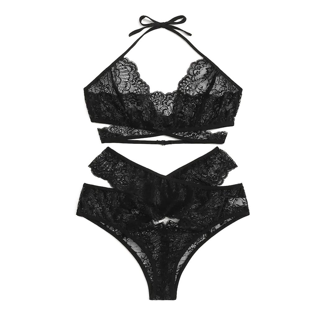 Sexy Women Cross Lace Wireless Bra Sexy Black Lingerie Thong Set Underwear