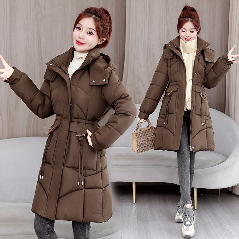 Winter Women's Waist Drawstring Jacket with Hood Long Thickened Slim Fit Cotton Coat