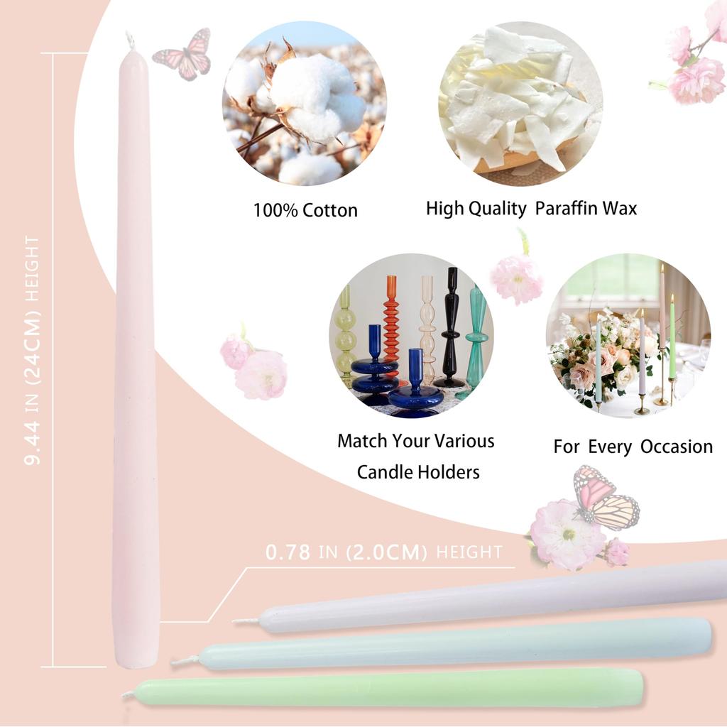 10-inch Taper Candles, Light Colors, Unscented, for Weddings, Anniversaries, Home Decor, Pack of 4 (Candy Colors)