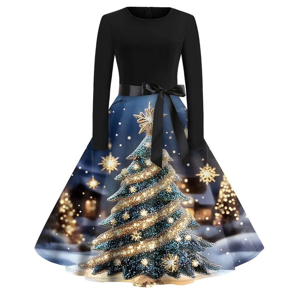 Damen Vintage Classic Kleid Langarm Weihnachtsdruck Rundhals Swing Kleid