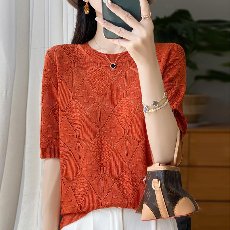 Women Knit T-shirt Summer Knitted Shirt Short Sleeve Tees O-neck Pullover Knit Tops Female