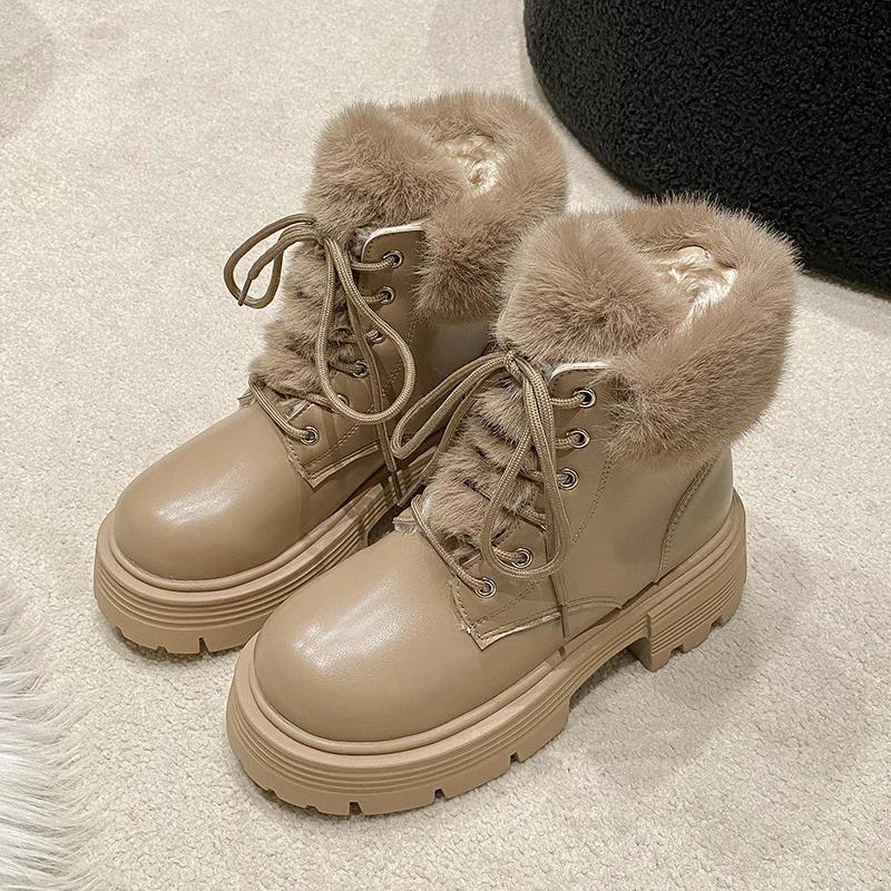 Fashion Winter Fluffy Fur Women Snow Boots Fashion Lace Up Short Booties Comfort Thick Heels Ladies Shoes