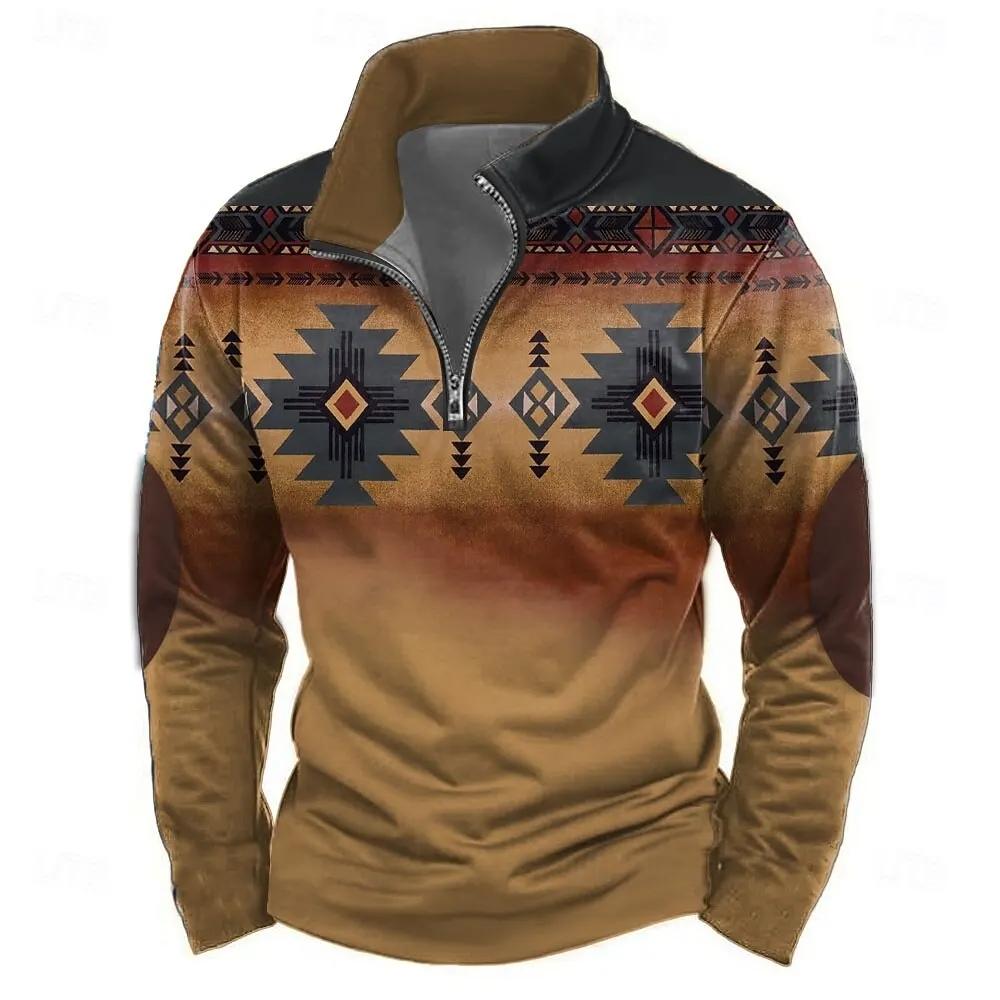 3D Geometric Pattern Men's Zipper Sweatshirts Vintage Ethnic Long Sleeve Half Zip Pullover Fashion Outdoor Street Casual Clothes