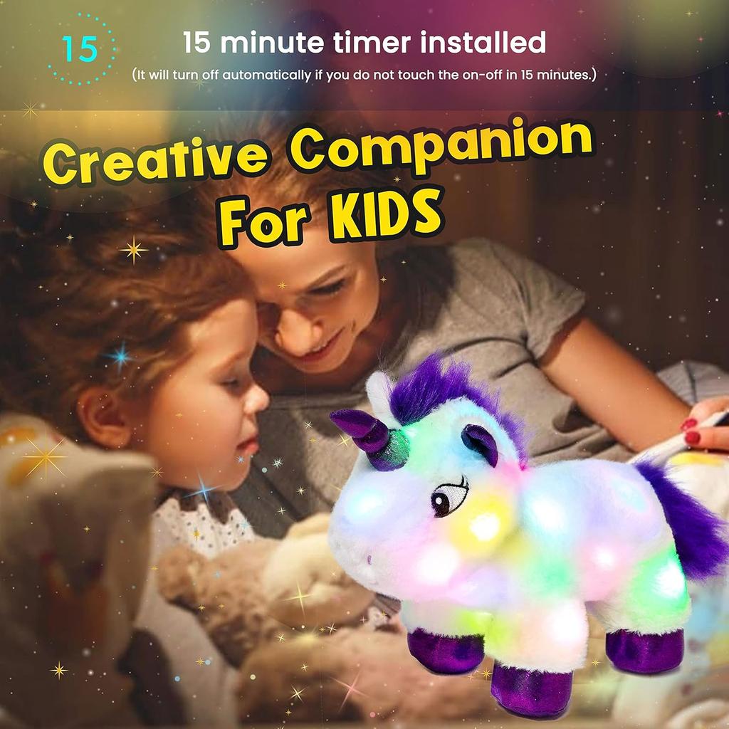 Hopearl LED Plush Unicorn Lighting Up Stuffed Animal Floppy Night Lights Glow in The Dark Birthday Gifts for Kids Toddler Girls, White, 15''