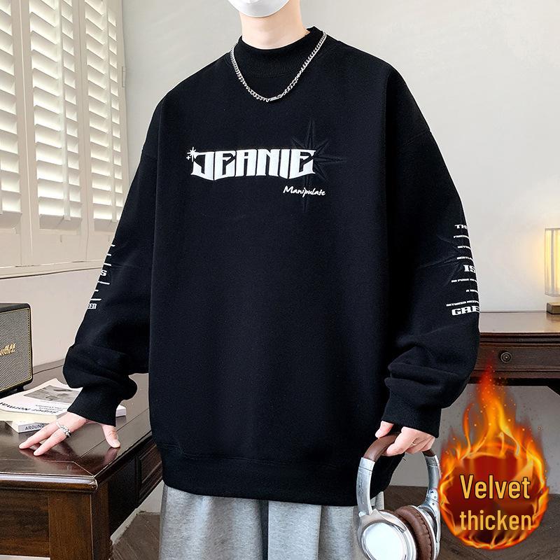 

Men s Fleece-Lined Half-High Collar Sweatshirt - Autumn/Winter Trendy Thickened Fashion Loose Top 2XL for 70-80 kg