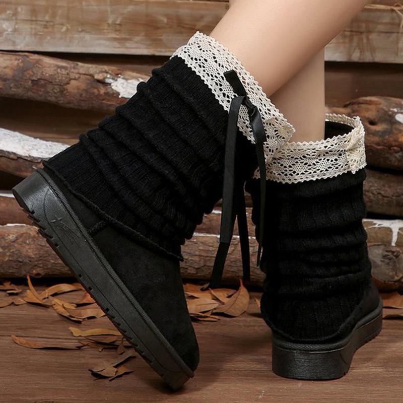 Fashion Sweet Lace Bowknot Snow Boots Women Faux Suede Knitted Snow Boots Woman Winter Platform Soft Soles Thick Warm Booties Female