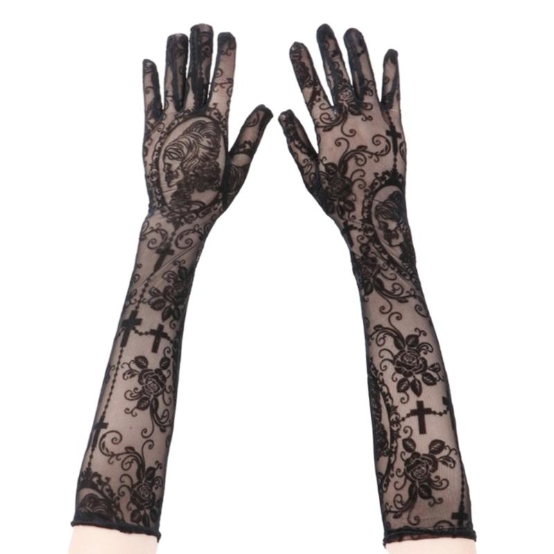 Breathable Skull Crossbone Pattern Gloves Role Playing Accessories For Cosplay Event And Spooky Themed Celebrations