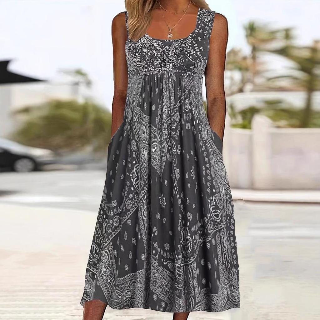 Retro Sleeveless Summer Dress with Crew Neck and Pockets – Loose Holiday Print Style