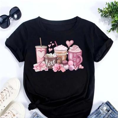 Plus Size Maycaur Women's T-shirt Tee Korean Fashion Coffee Cup Print Graphic Female Clothes Valentine's Day Tops Lover T Shirts
