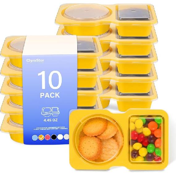 Double Compartment Snack Containers with Lids, 2 Compartment Condiment Container, Plastic Disposable Snack Pack Containers for Sauce, Salad, Food Small жёлтый