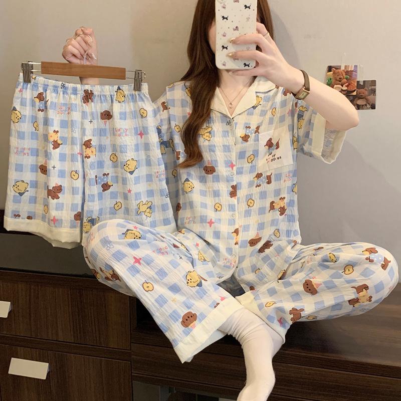 Leopard Print Love Heart Short Sleeve Pajama Set: Women's Summer Cloud Cotton Three-Piece Loungewear
