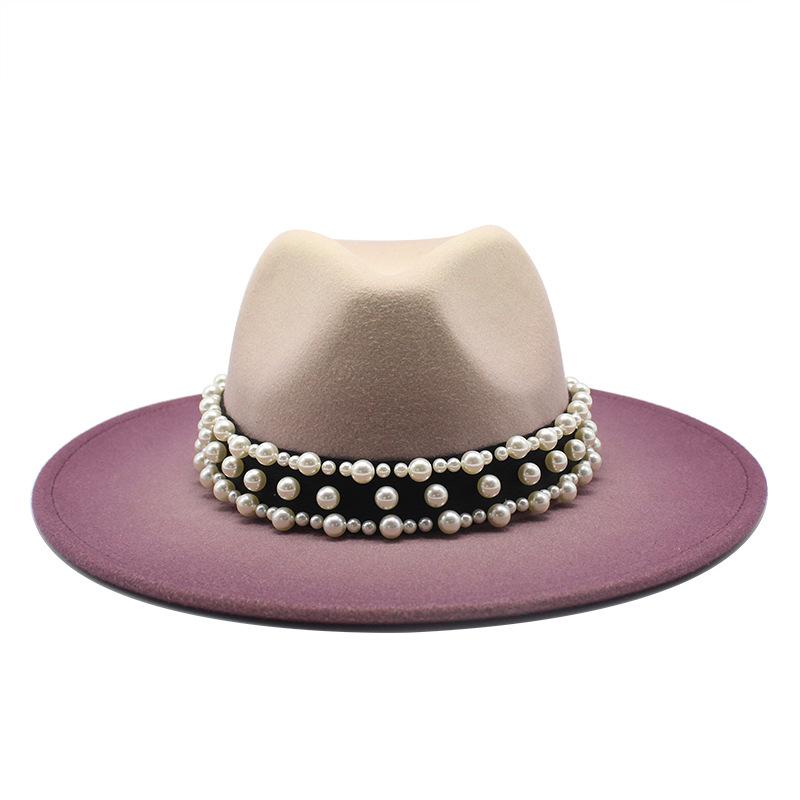 Unisex British Style Woolen Jazz Hat Large Brim Pearl Spray Hat