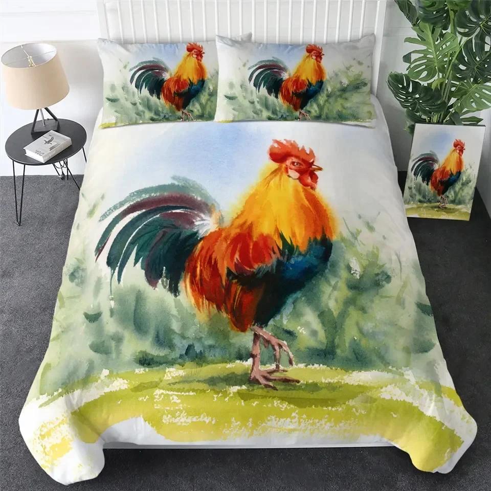 Chicken Duvet Cover King Queen Size Watercolor Rooster Bedding Set for Boys Teens Adults Farm Animal Polyester Comforter Cover