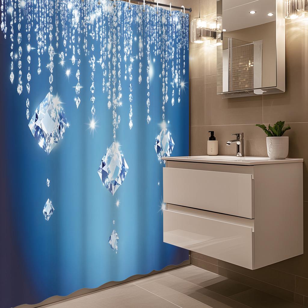 Blue Dreamy Crystal Diamond Shower Curtain, Durable Polyester Fabric, Waterproof & Easy Clean, for Bathroom or Room Divider